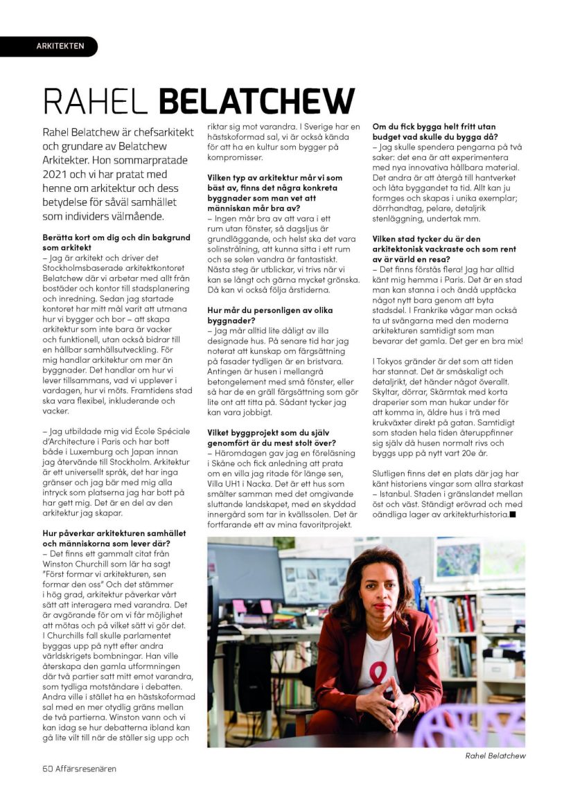 Rahel Belatchew interviewed in the Swedish magazine Affärsresenären.